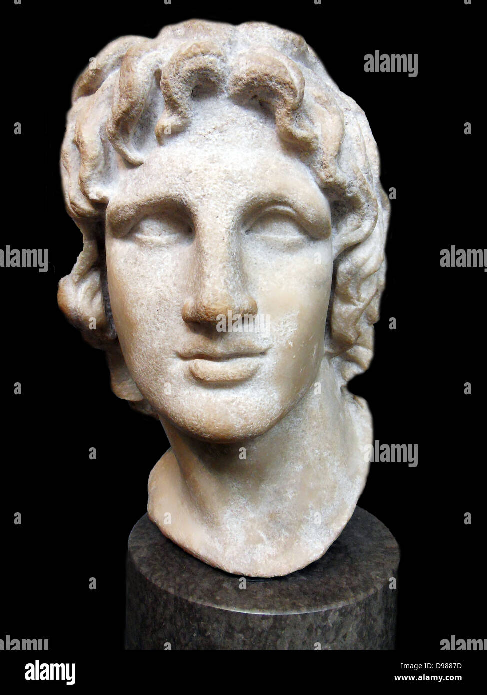 Marble portrait of Alexander the GreatHellenistic Greek, 2nd-1st century BC. Alexander (reigned 336-323 BC) chose only a few artists to produce his image, and famous names such as the sculptor Lysippos and the painter Apelles were associated with his portraiture. Stock Photo
