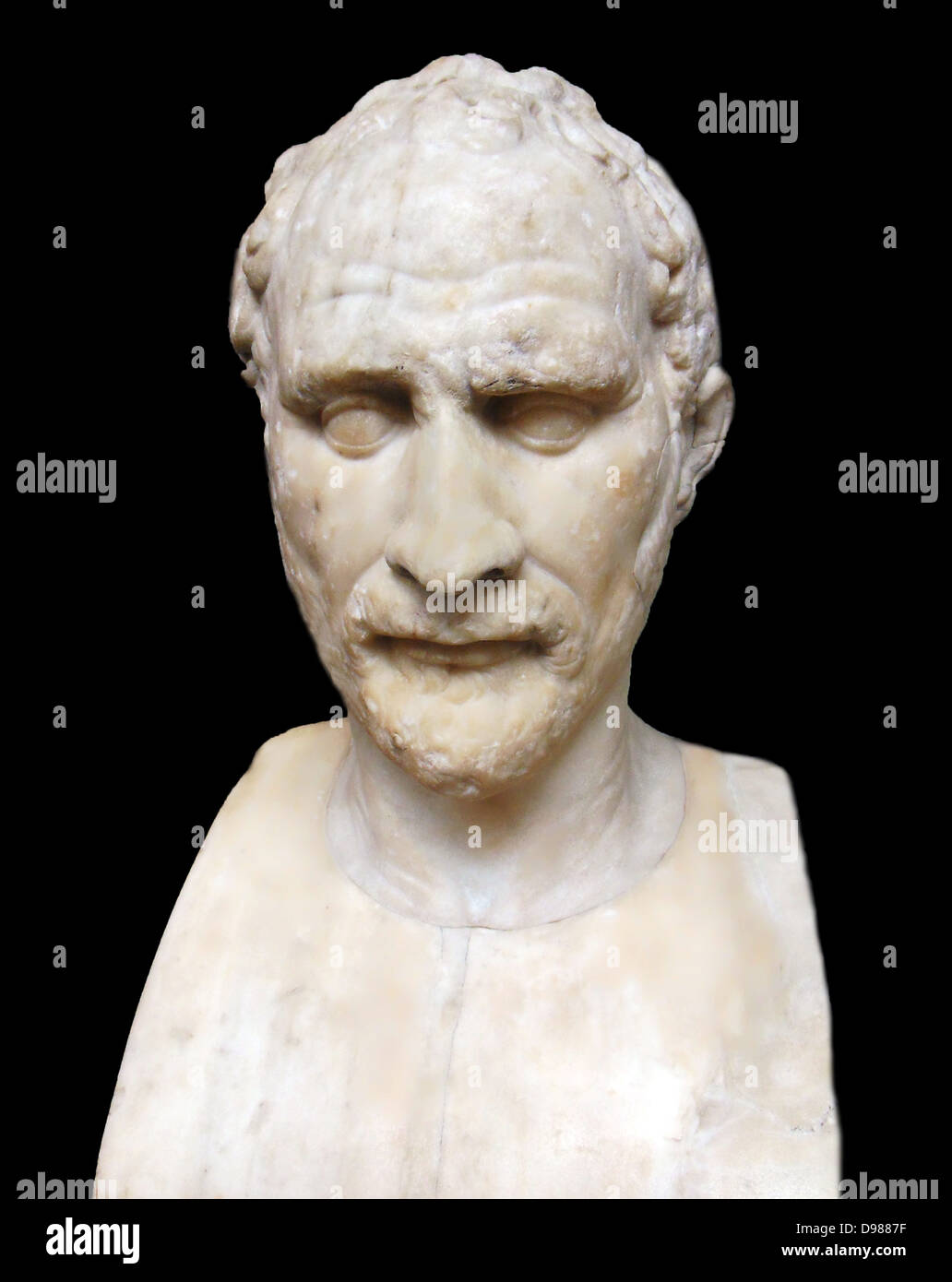 Bust of Demosthenes (British Museum, London), Roman copy of a Greek original sculpted by Polyeuktos. Demosthenes,  (384–322 BC), Greek statesman and orator of ancient Athens. His orations constitute a significant expression of contemporary Athenian intellectual prowess and provide an insight into the politics and culture of ancient Greece during the 4th century BC. Stock Photo