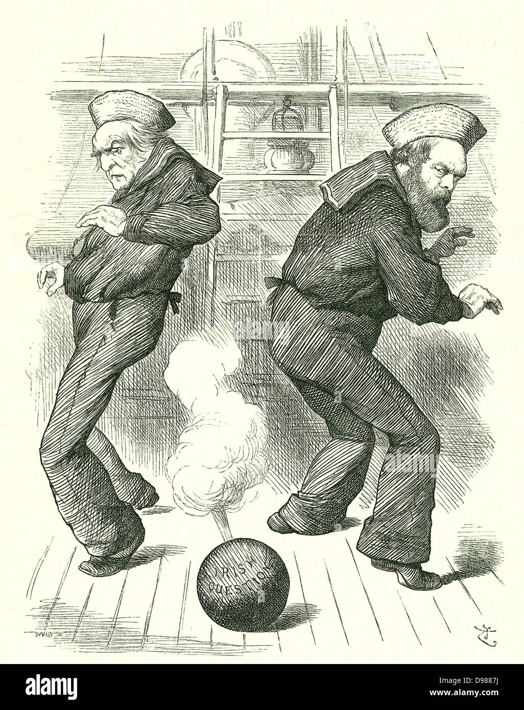The Live Shell': Salisbury's (right) administration resigned in January to be followed in February by the third Gladstone (left) administration. Neither politician relished dealing with the problems of Ireland. John Tenniel cartoon from 'Punch', London, 30 January 1886. Stock Photo