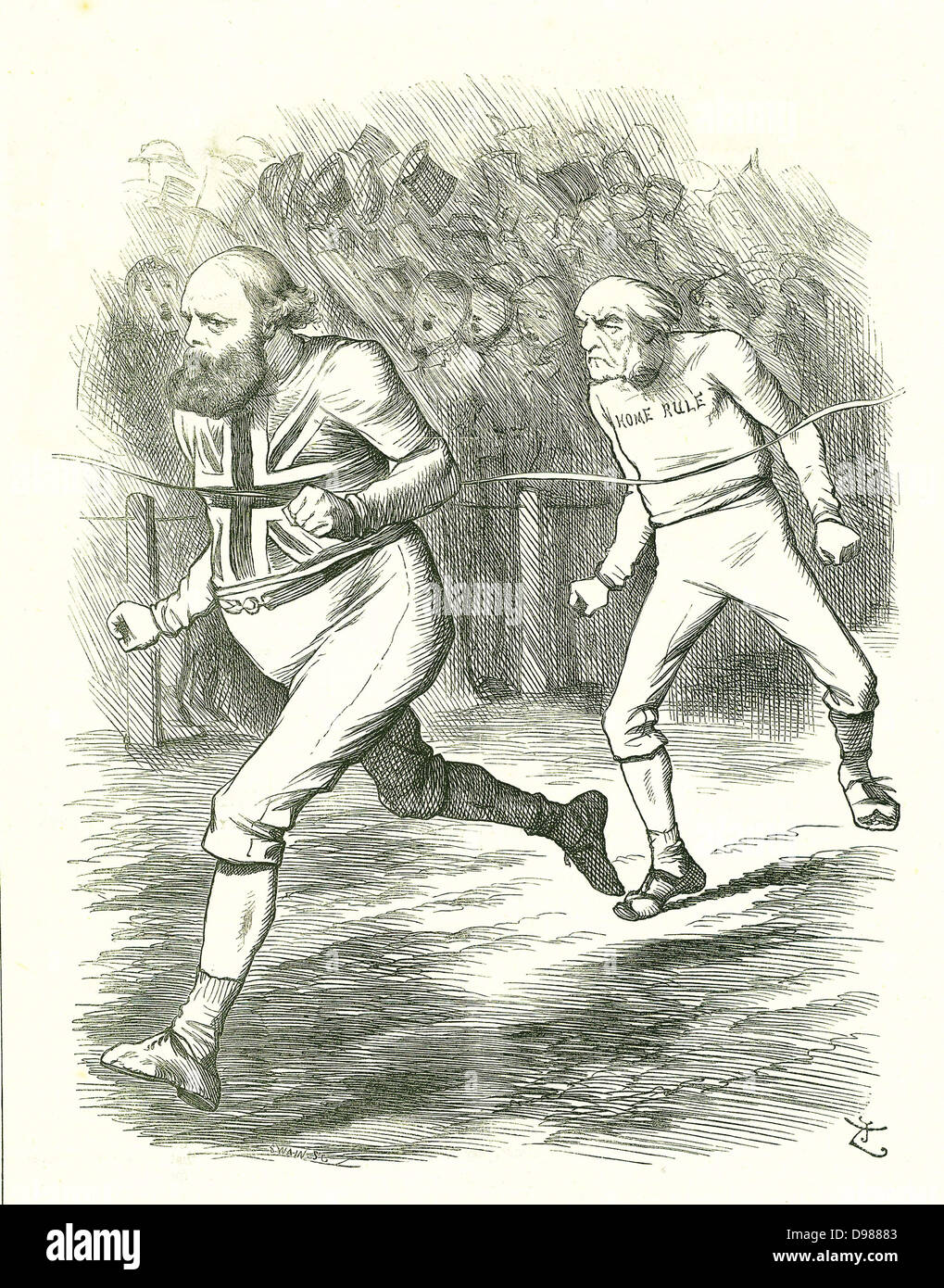 The Finish': General Election 1886. Gladstone (Liberal) went to the country over his Home Rule for Ireland bill. Salisbury (Conservative opposition) beats Gladstone to the finishing line . John Tenniel cartoon from 'Punch', London, 17 July 1886. Stock Photo