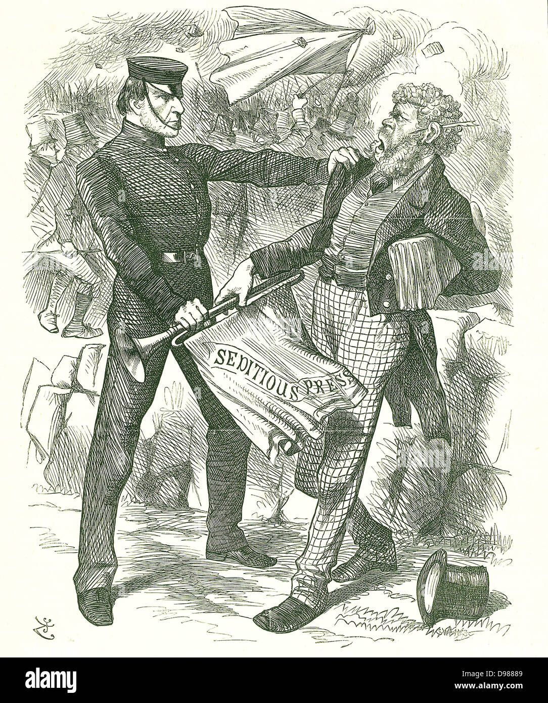 Silencing the Trumpet. (after Aesop)': Prime Minister Gladstone silencing the Irish press for inciting Fenian violence. John Tenniel cartoon from 'Punch', London, 9 April 1870. Stock Photo