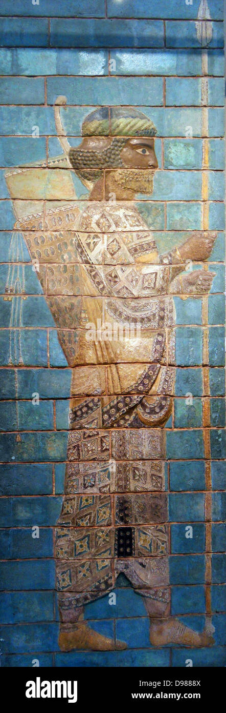 Glazed brick relief panel Achaemenid Persian, late 6th century BC from Susa, south-west Iran. From the palace of Darius I, ruler of the largest empire in antiquity. This panel is made of polychrome glazed bricks which were found in a courtyard of the palace built by the Persian king Darius I (522-486 BC). It was part of a larger frieze depicting rows of guards, perhaps the 'immortals' who made up the king's personal bodyguard. Stock Photo