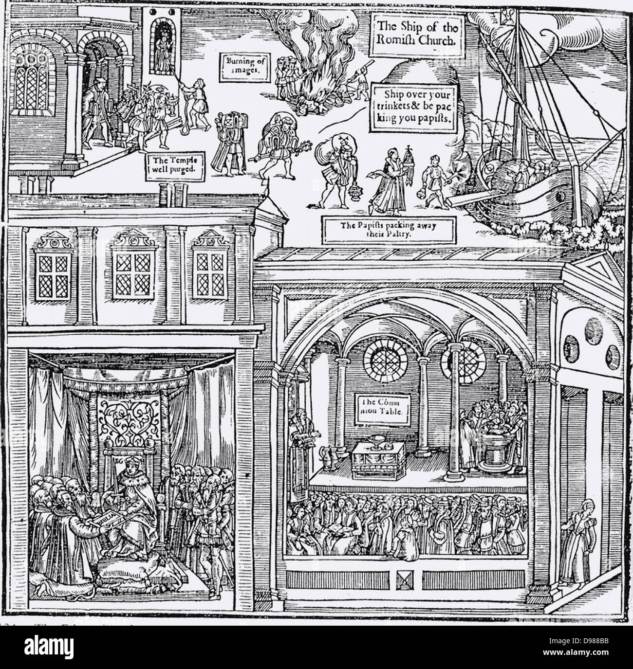 Woodcut from the first edition of John Foxe 'The Book of Martyrs', London 1563, depicting iconoclasm, centre top. In the top part of the image 'papists' are packing away their 'paltry,' while the church is purged of idols. At bottom left clerics receive the Bible from Queen Elizabeth I. Bottom right shows the interior of a Protestant church with the congregation listening to a sermon, a somple Communion table rther than an altar, and a Baptism taking place. Stock Photo