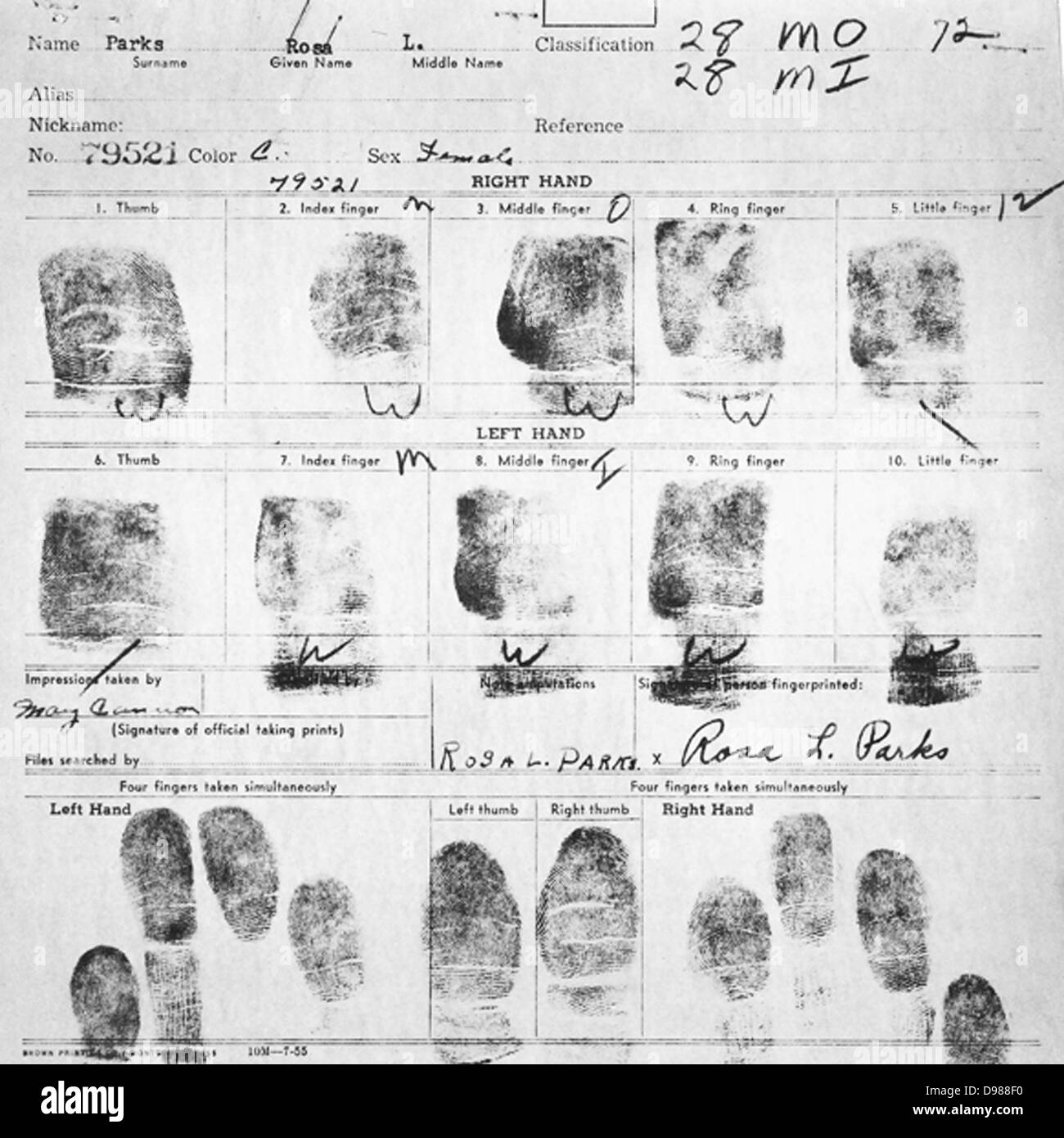 Fingerprint Card of Rosa Parks Civil Case 1147 Browder, et al v. Gayle, et. al; U.S. District Court for Middle District of Alabama, Northern (Montgomery) Division Record Group 21: Records of the District Court of the United States National Archives and Records Administration-Southeast Region, East Point, GA. 1955. Rosa Louise McCauley Parks (1813-2005), American Civil Rights activist was arrested for refusing to move from her seat on a segregated Montgomery bus on 1 December 1955. Stock Photo