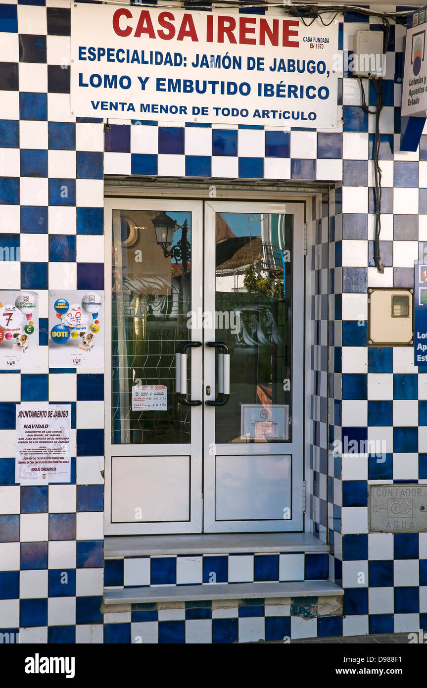 «Casa Irene» - hams and sausages shop, Jabugo, Huelva-province, Region of Andalusia, Spain, Europe Stock Photo