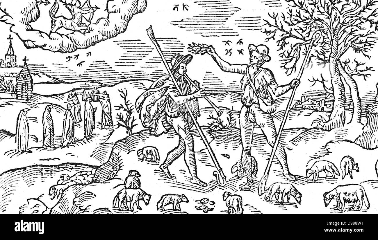 Illustration for November for Edmund Spenser's poem 'The Shepheard's Calendar', 1597. Two shepherds holding their shpherd's crooks guard their flocks, one of them playing a wiond instrument. Woodcut. Stock Photo