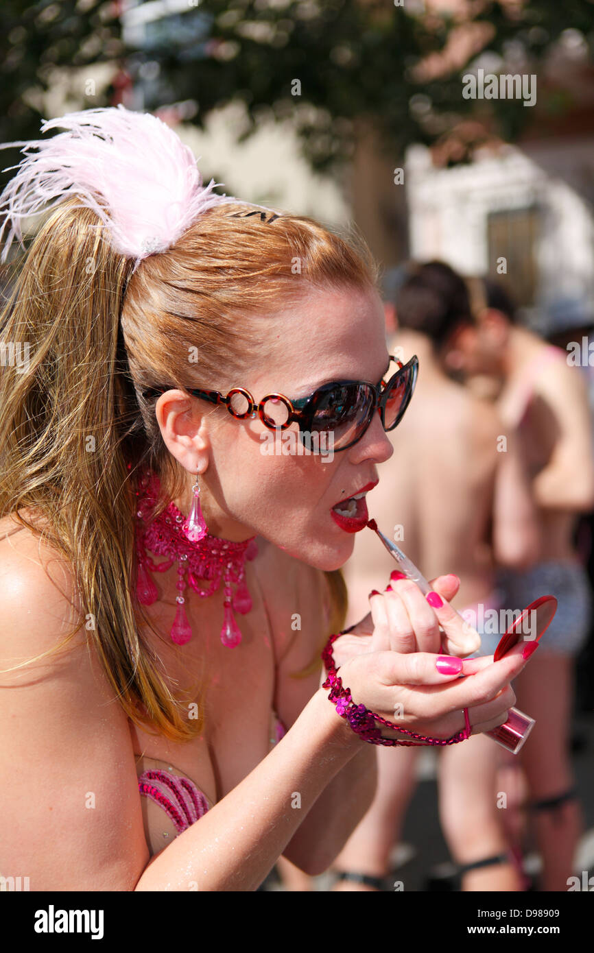 Applying makeup and getting ready before Carnaval parade in Mission District, San Francisco, California, USA. Stock Photo