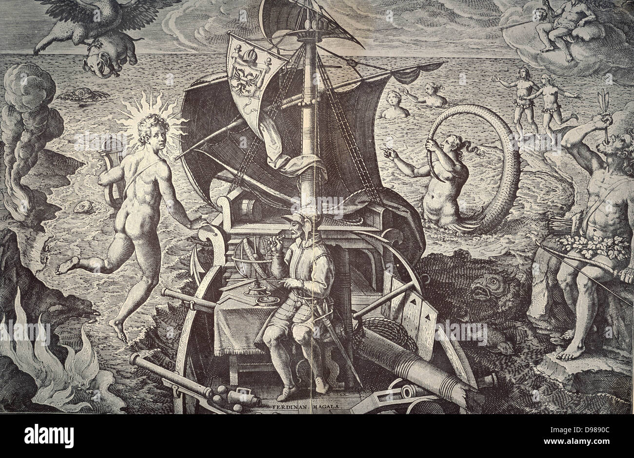 Ferdinand Magellan (c1480-1521) on his ship 'Victoria'. Allegorical celebration of the first voyage of circumnavigation (1519-1522) led by Magellan. He was killed by natives in the Philippines and the 'Victoria' was taken back to Spain by the last surviving captain in the expedition. Engraving after Stradanus, 1522. Stock Photo