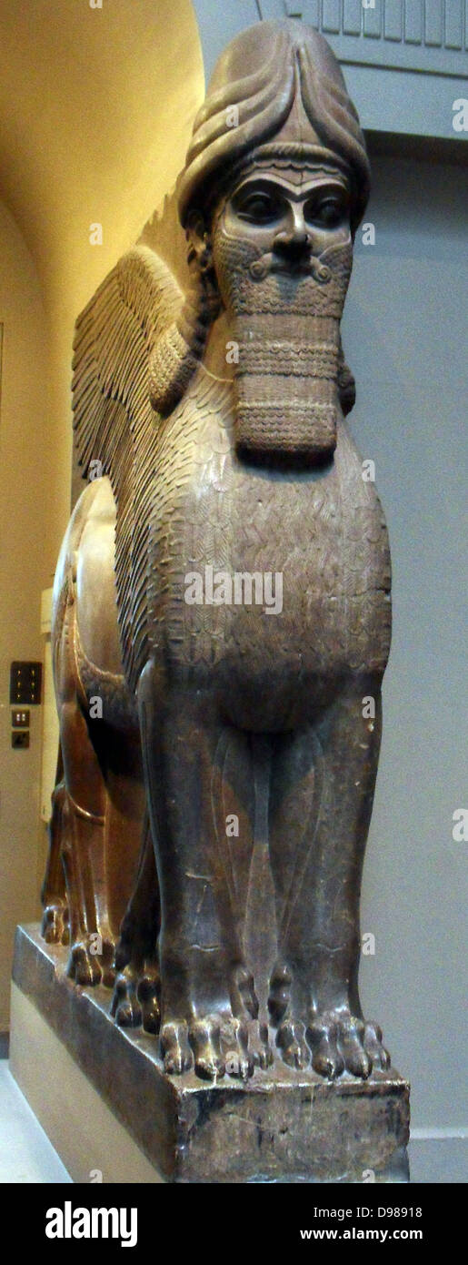 Winged human headed Lion guardian figures from an entrance to a building inside the Palace of Nimrud, Assyrian. 865-860 BC Stock Photo