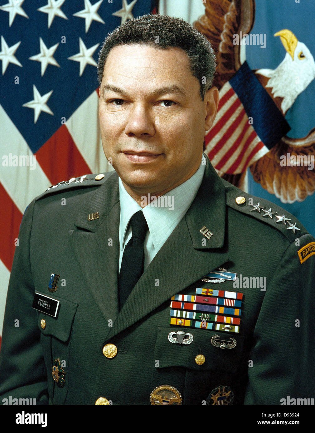 Colin Luther Powell born April 5, 1937 American statesman and a retired four-star general in the United States Army. He was the 65th United States Secretary of State (2001–2005), serving under President George W. Bush. He was the first African American appointed to that position.[1][2][3][4] During his military career, Powell also served as National Security Advisor (1987–1989), as Commander of the U.S. Army Forces Command (1989) and as Chairman of the Joint Chiefs of Staff (1989–1993), Stock Photo