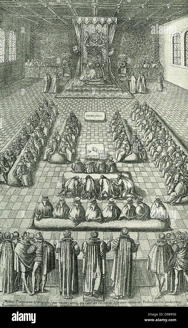 The House of Commons presenting their Speaker to Elizabeth I. After engraving from 'Nobilitas Politica et Civilis' by R Glover, London, 1608. First authortative representation of the opening of the English Parliament. Stock Photo