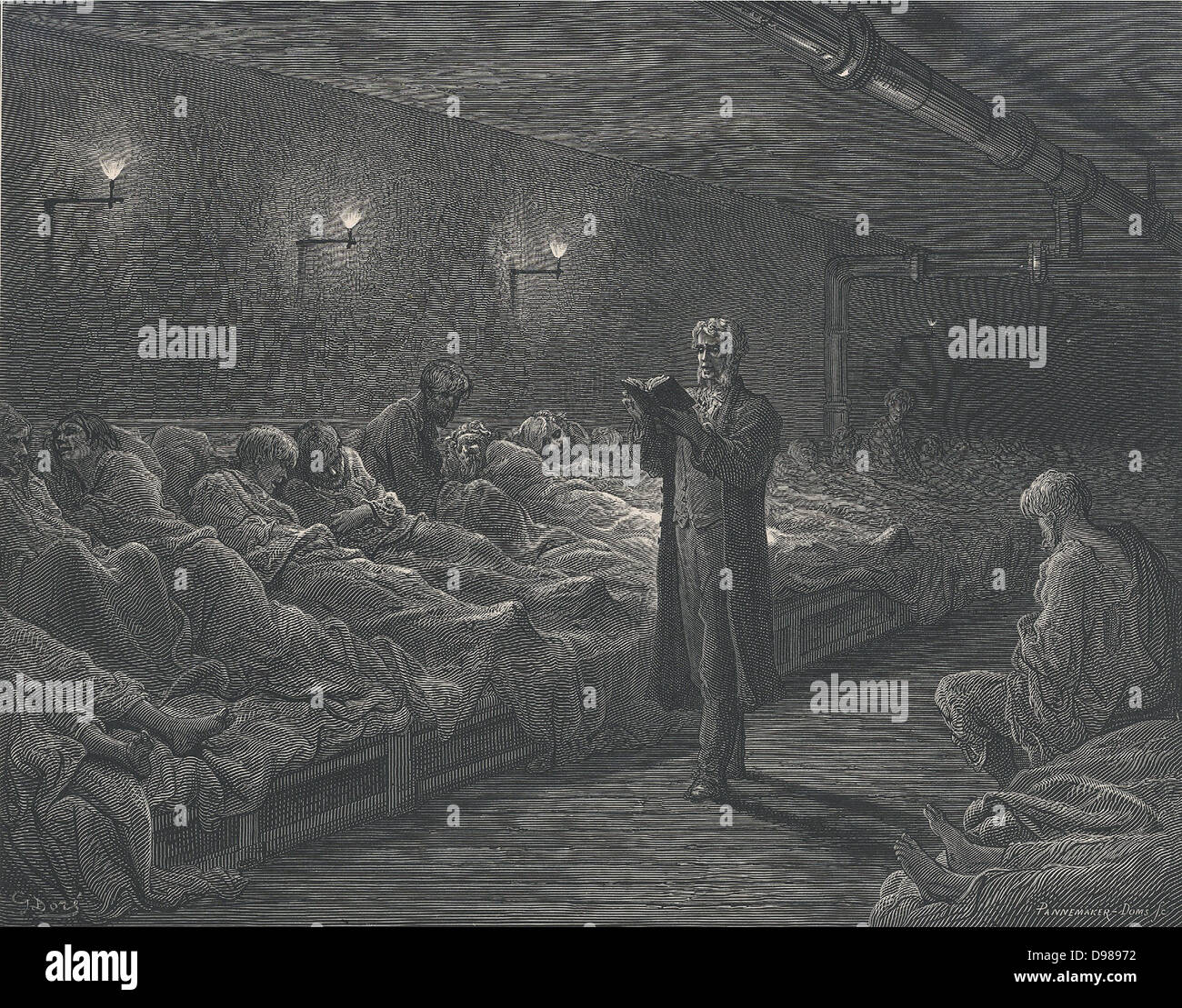 Scripture Reader in a Night Shelter' Destitute men lying on the long