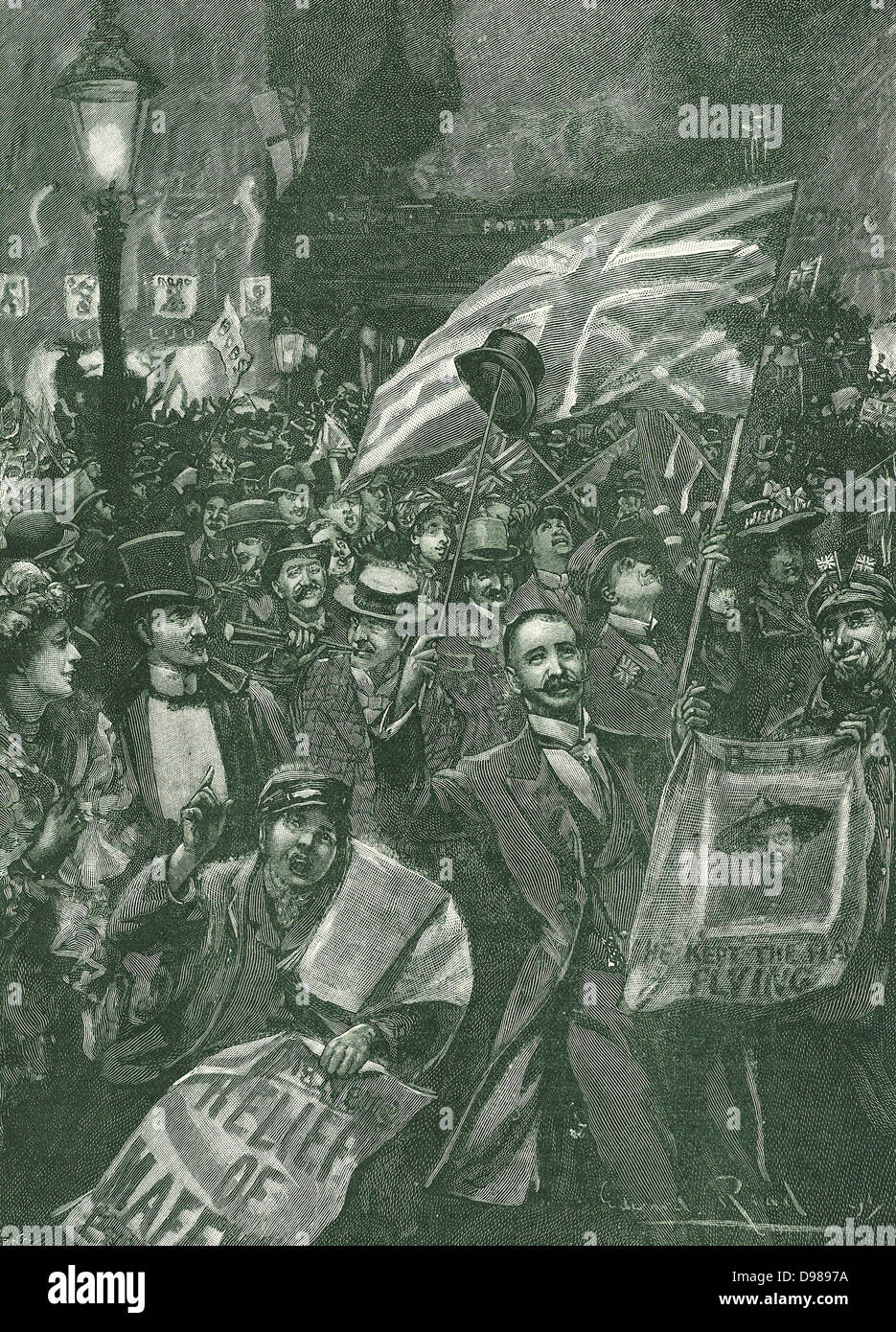Londoners celebrating the news of the relief of Mafeking. In the Second Boer War the British were besieged at Mafeking from 12 October 1899-17 May 1900. Engraving Stock Photo