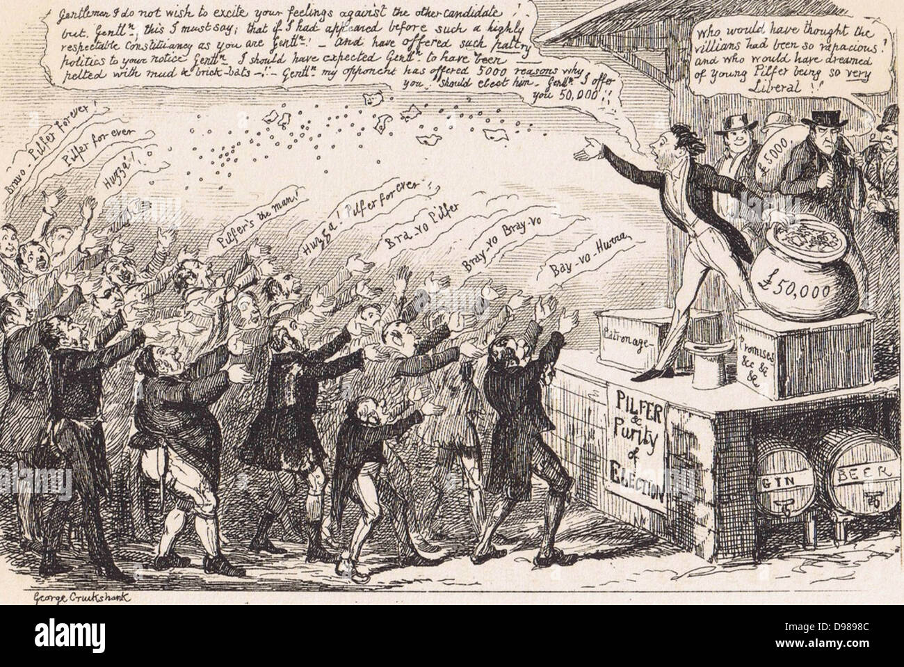 Show of Hands for a Liberal Candidate': Electioneering and Bribery with those with a vote holding up their hands to catch the money a Parliamentary candidate is throwing out to them. Cartoon by George Cruikshank published 1843. Stock Photo