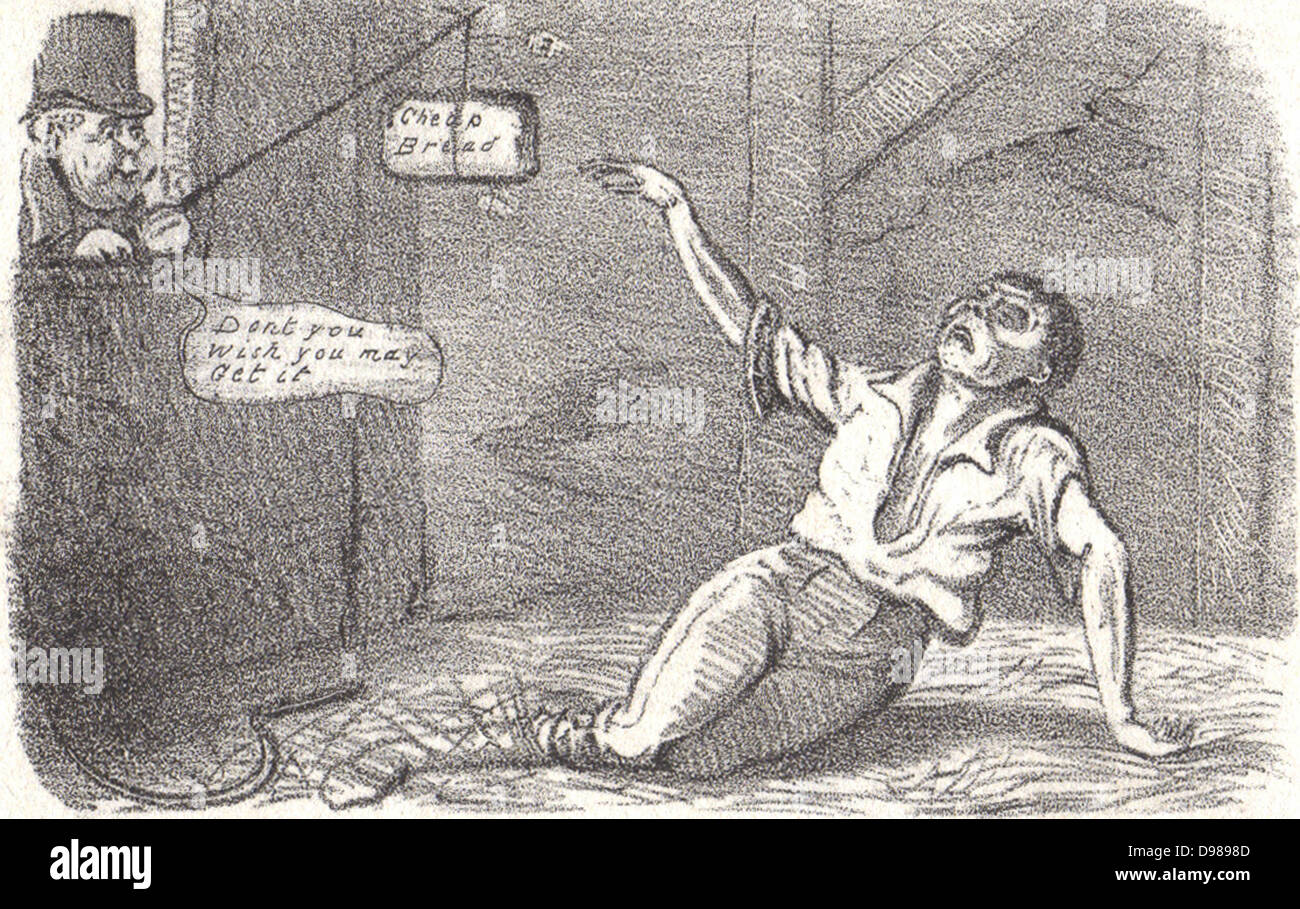 Corn Laws were introduced in 1815 to protect the British farmer from foreign competition. The ensuing inflated price of wheat and subsequent high price of bread caused great hardship amongst the poor. Finally repealed in 1846.Illustration by Robert Seymour (1800-1836). Lithograph. Stock Photo