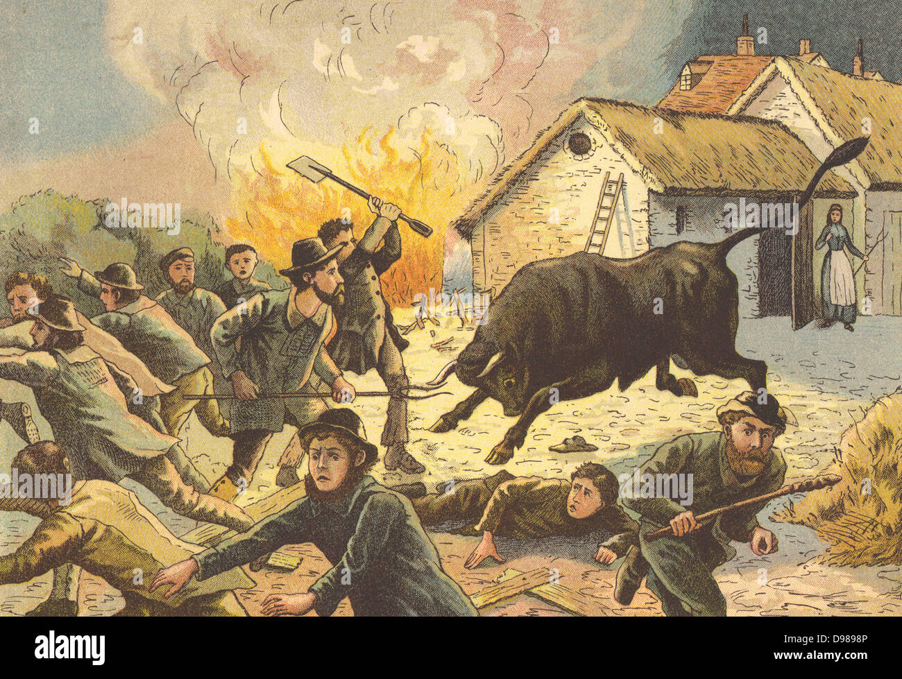 Farmer's wife letting out a bull to frighten off agricultural workers attacking a farm, c1830. Rick burning and machine wrecking widespread at this time as workers were afraid that threshing machines and other developments would depress wages and destroy jobs. Chromolithograph 1880s. Stock Photo