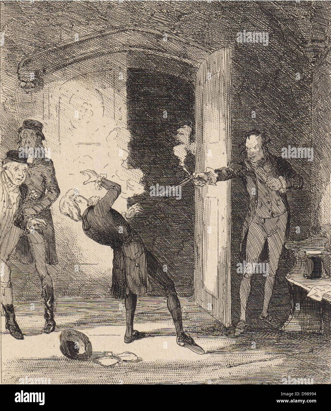 John Bellingham assassinating Spencer Perceval (1762-1812) the British Minister at the doors of the lobby of the House of Commons, 11 May 1812. Illustration by 'Phiz' (Hablot Knight Browne) from Camden Pelham 'The Chronicles of Crime', London, 1886. Stock Photo