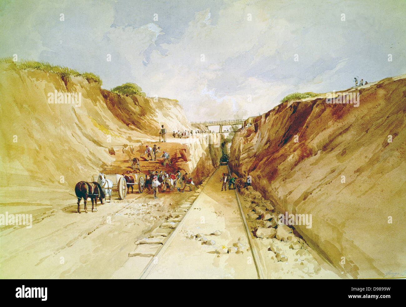 Construction of a Railway Line', 1841. Digging a cutting on the Great Western Railway. Broad gauge line by Isambard Kingdom Brunel (1806-1859) appointed engineer to the GWR in 1833. Artist: George Childes. Stock Photo