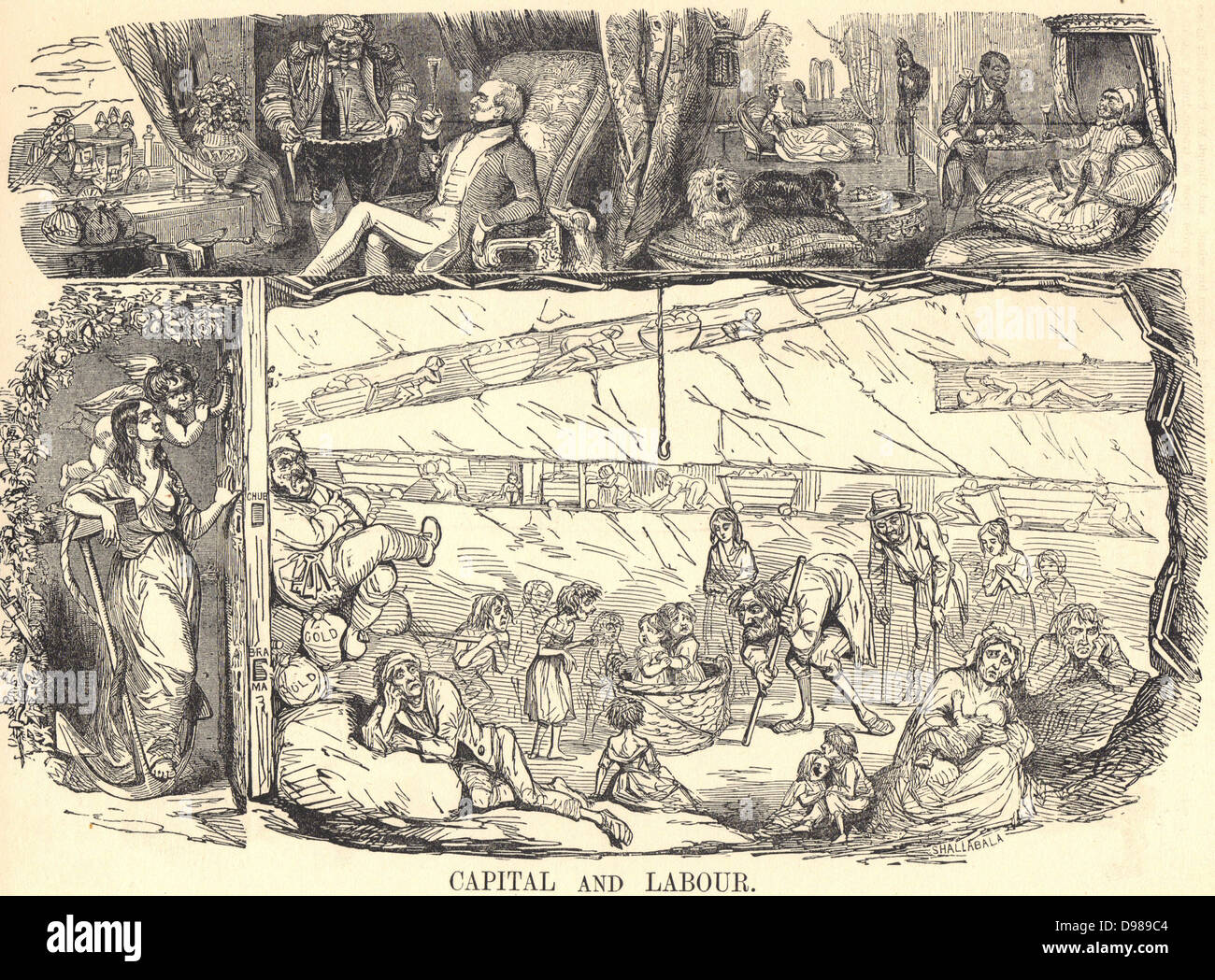 Capital and Labour': Cartoon from 'Punch', London, 1843, in response to Richard Horne's report of child employment. In coal mines 'labourers are obliged to go on all-fours like dogs'. The labouring poor are locked away in misery, toiling to produce the wealth that enabled 'upper classes' to live in luxury. Stock Photo