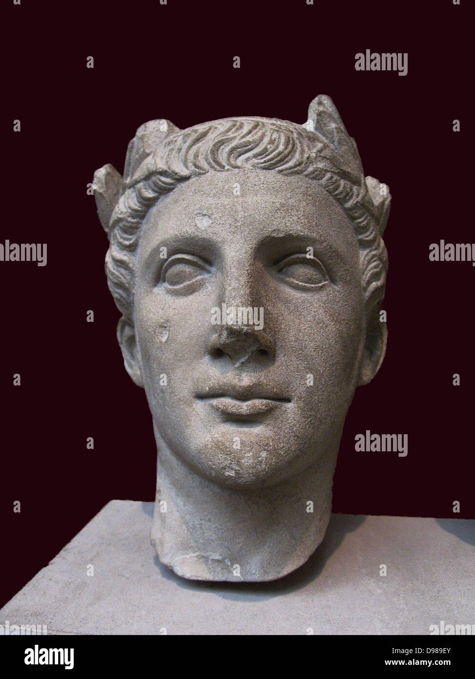 limestone portrait head from a statue of a worshipper wearing a wreath of laurel and ivy Stock Photo