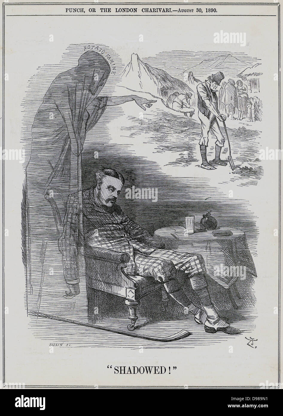 Arthur James Balfour, lst Earl Balfour (1848-1930) when Secretary of Ireland (1887-1891) dreaming of the spectre of the Potato Famine pointing to the suffering in Ireland. Cartoon by John Tenniel from 'Punch', London, 30 August 1890. Stock Photo