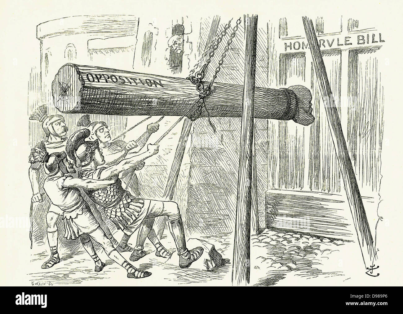 The Assault': Gladstone's Liberal Home Rule Bill under attack from the Conservative opposition attack by the battering ram with the head of the leader Lord Salisbury. John Tenniel cartoon from 'Punch', London, 18 March 1893. Stock Photo