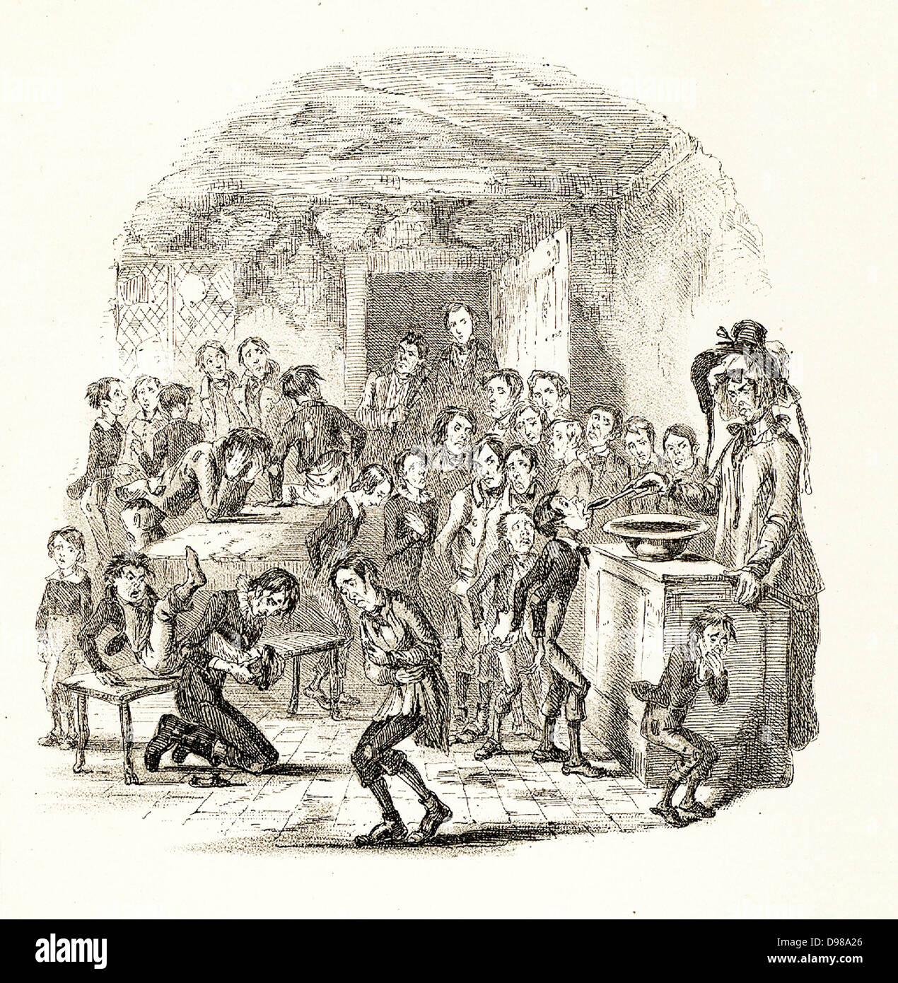 Mrs Squeers administering a compulsory dose of brimstone and treacle to the starving pupils of Dotheboys Hall. Illustration by 'Phiz' (Hablot Knight Browne) for Charles Dickens 'Nicholas Nickelby', London, 1838-1839. Based on research in Yorkshire, the publication of the book was instrumental in the government drawing up stricter regulations. Stock Photo