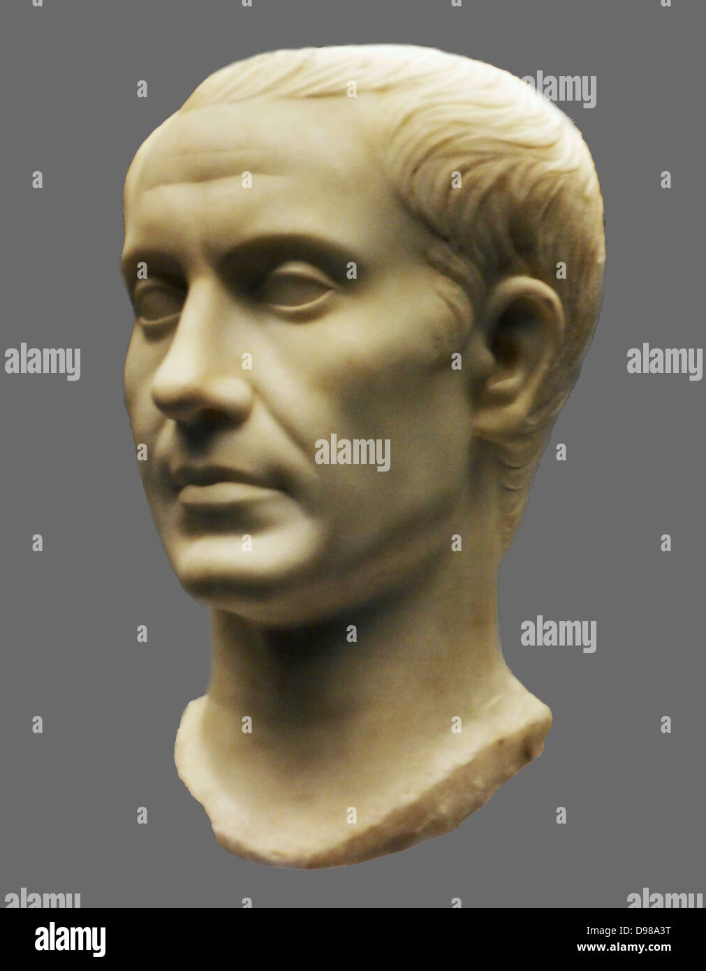 Portrait of Julius Caesar (100-44BC).  Roman, made in Italy AD40-50).  This head is made of fine Greek marble and was once part of a statue, perhaps showing Caesar in a toga. Stock Photo