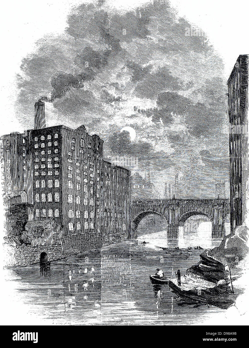 Manchester at night: Blackfriars Bridge and a view of cotton mills from the river Irwell showing the mill windows lit up as a night shift was at work . Engraving c1850. Stock Photo