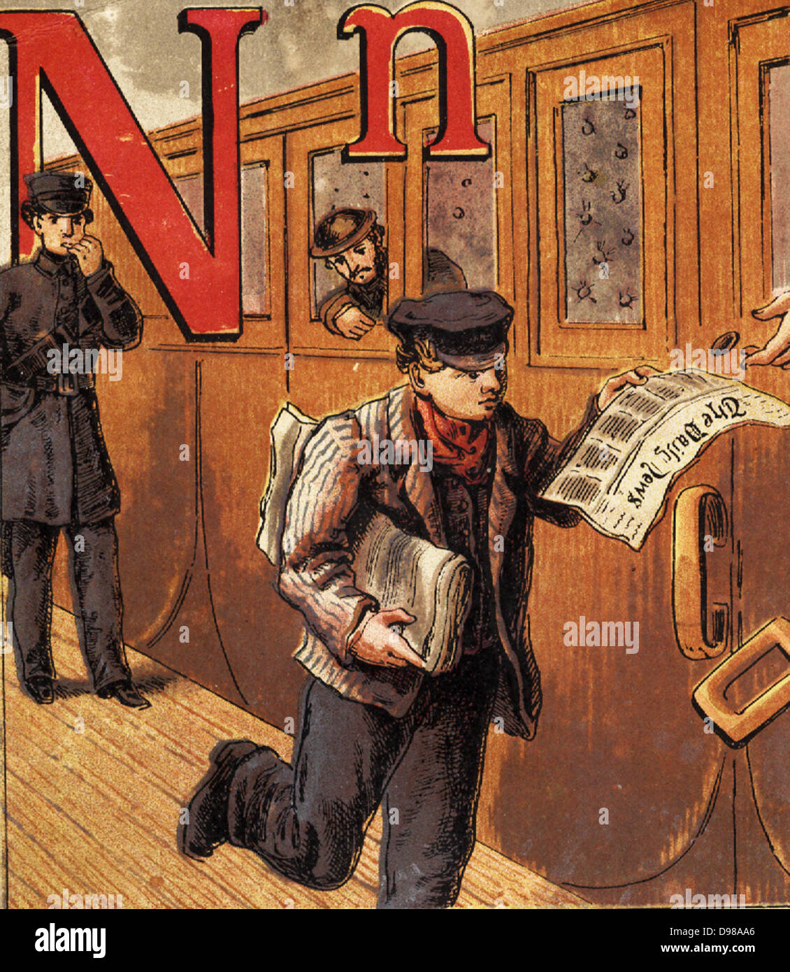 Newsboy running along the platform and selling papers to passengers on a railway train. 19th century chromolithograph. Stock Photo