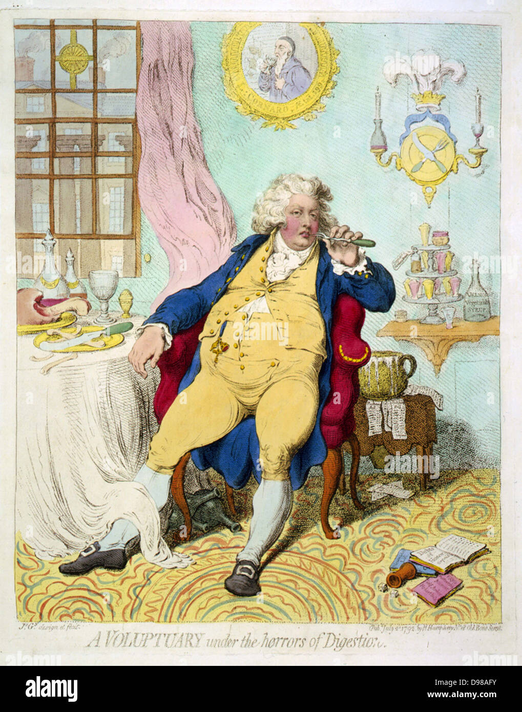 A Voluptuary under the horrors of digestion' George IV ( Prince Regent 1811-1820) when Prince of Wales, showing his extravagance, grossness and self-indulgence. Cartoon by James Gilray (1756-1815) published London 1792. Stock Photo