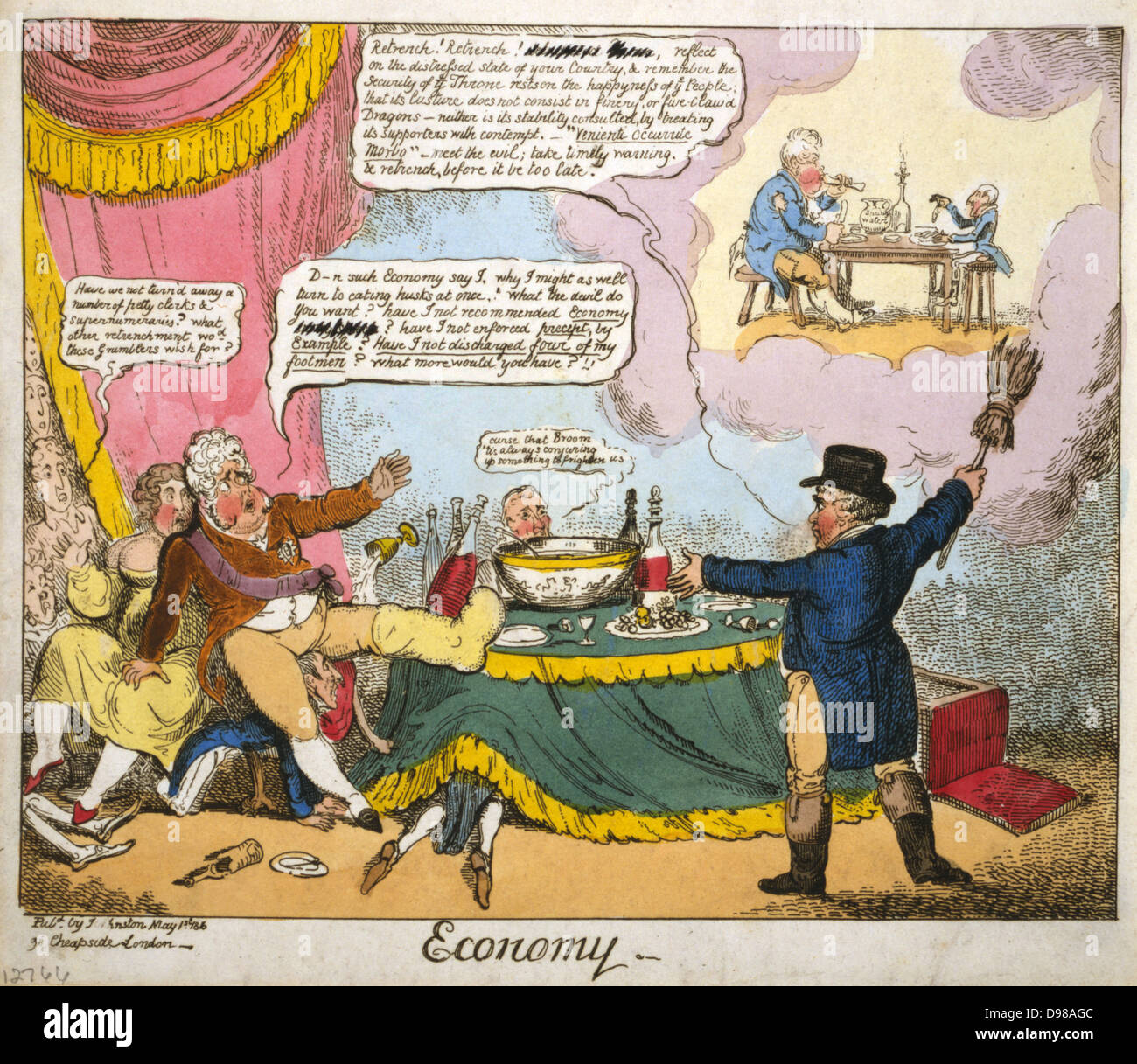 Economy': Lord Brougham as John Bull, calling on the Prince Regent (later George IV) to retrench and curb his extravagance and to think of the people. Unless he does he will end up in rags (vision at top right). Sitting next to the Regent is his mistress, Lady Hertford. Cartoon by George Cruikshank, London 1816. Stock Photo