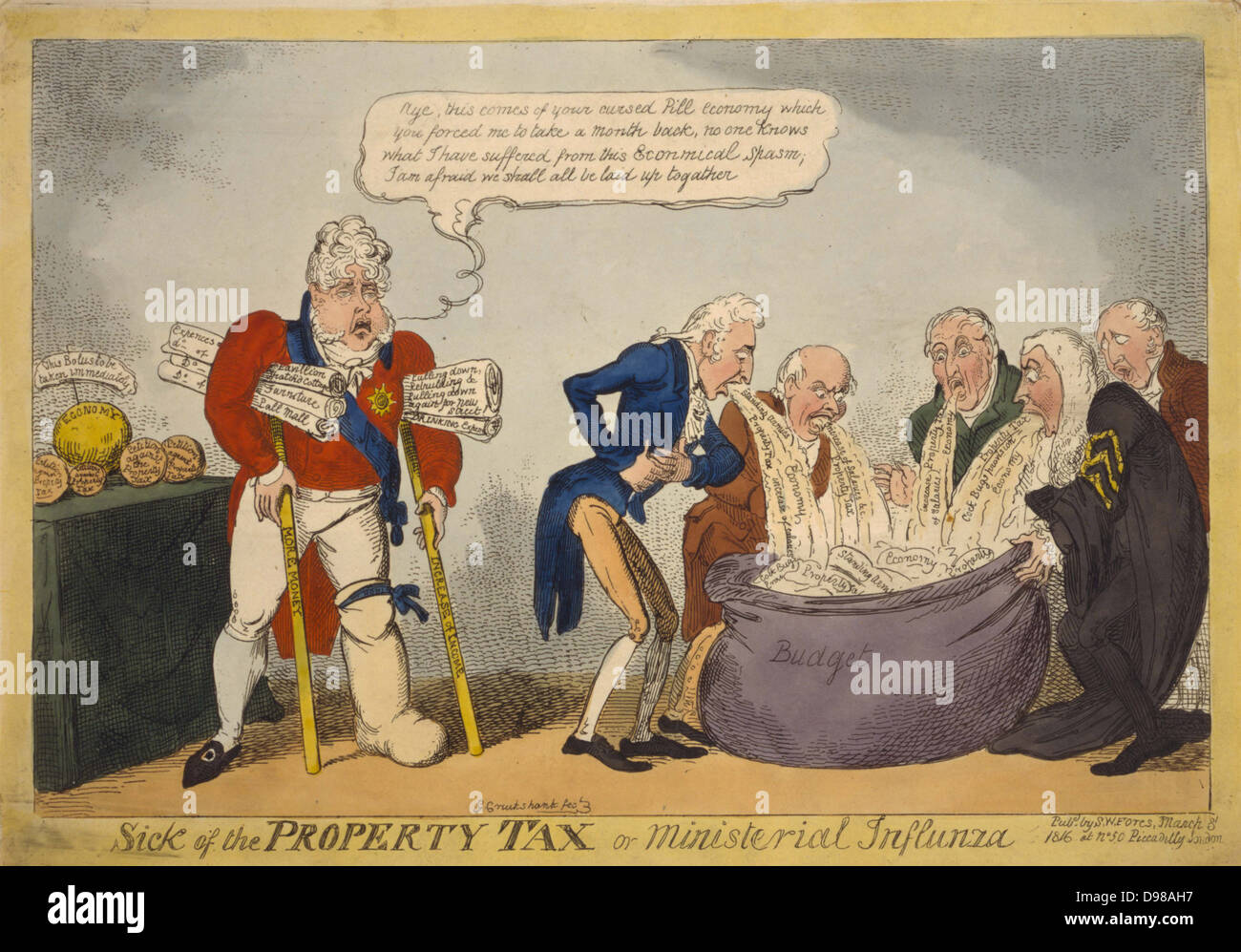 Sick of the property tax or ministerial influnza': Prince Regent (later George IV) gouty and on crutches labelled 'More Money', and 'Increase in Income, and holding documents naming his extravagant expenses, hobbles towards his ministers who are vomiting new taxes into a sack labelled Budget. Cartoon 1816. Stock Photo