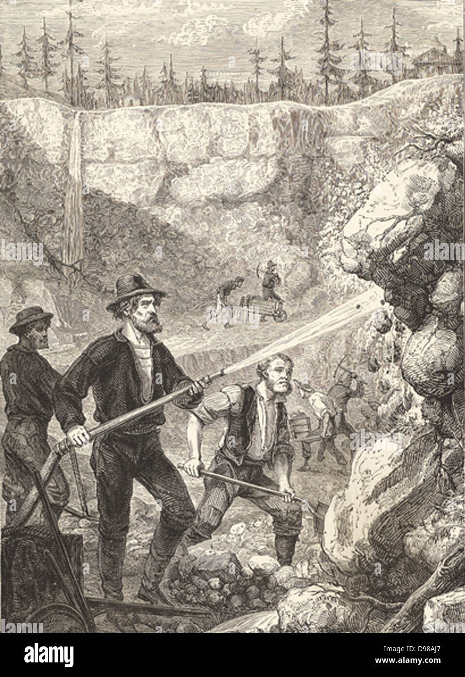 Hydraulic gold mining in California. Using strong jets of water to wash