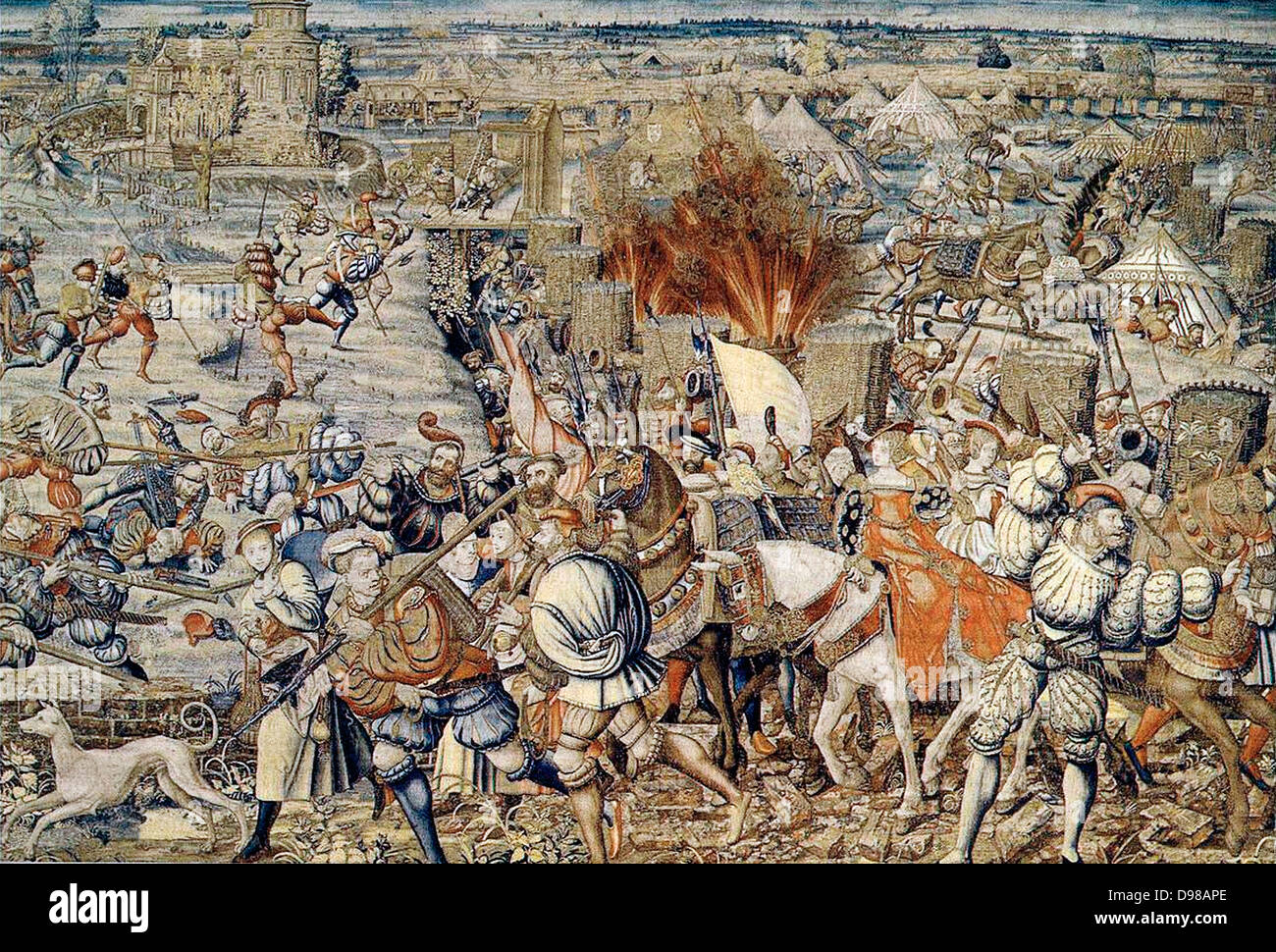 The Battle of Pavia, February 24, 1525, was the decisive engagement of the Italian War of 1521-25. A Spanish-Imperial army under the command of Charles de Lannoy attacked the French army under the personal command of Francis I of France. The French army was defeated. Francis himself, captured by the Spanish troops, was imprisoned by Charles V and forced to sign the humiliating Treaty of Madrid, surrendering significant territory to his captor. Stock Photo