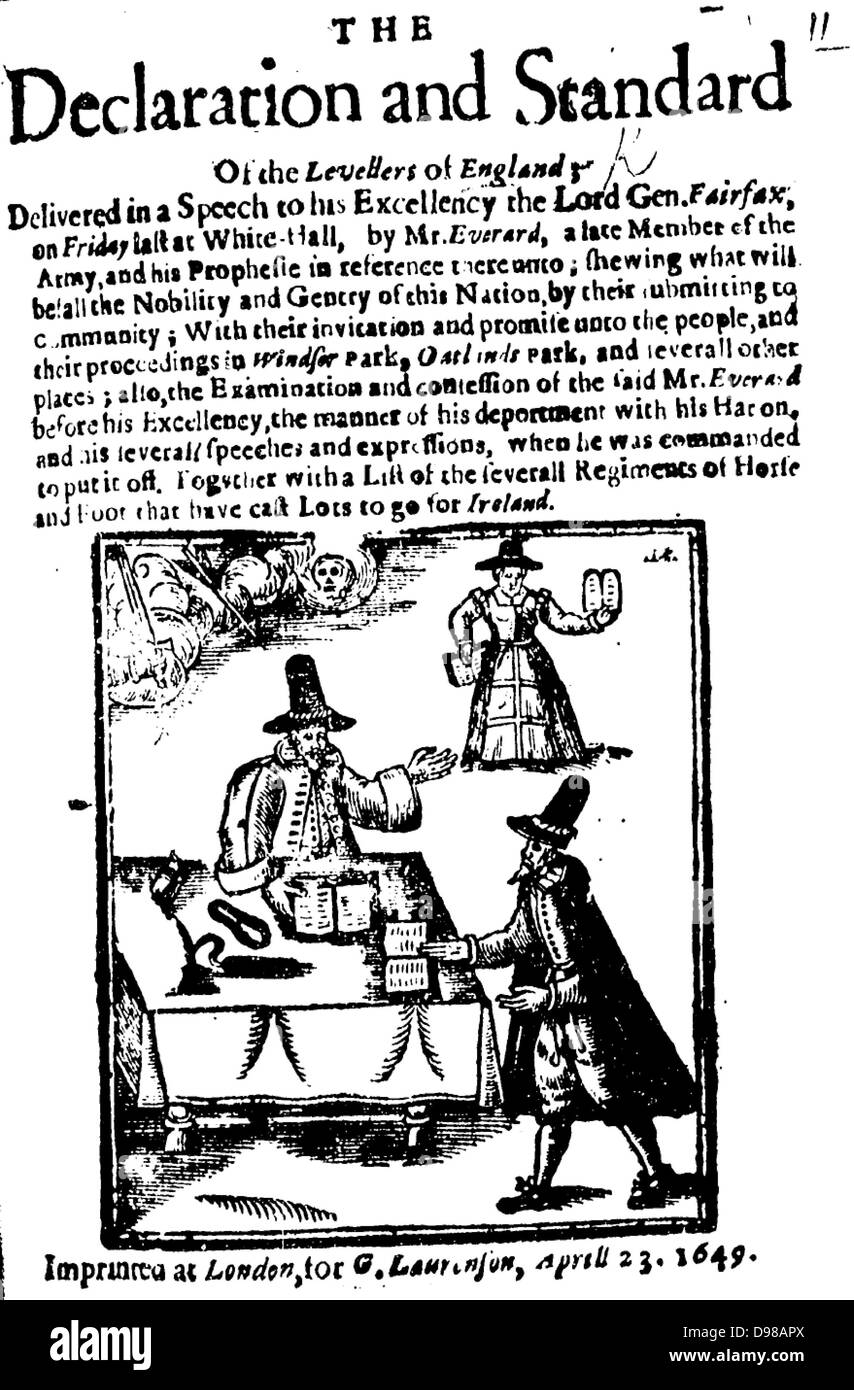 Woodcut from a Diggers document by William Everard. The Diggers were an English group of Protestant agrarian communists.  begun by Gerrard Winstanley as True Levellers in 1649, who became known as Diggers due to their activities Stock Photo