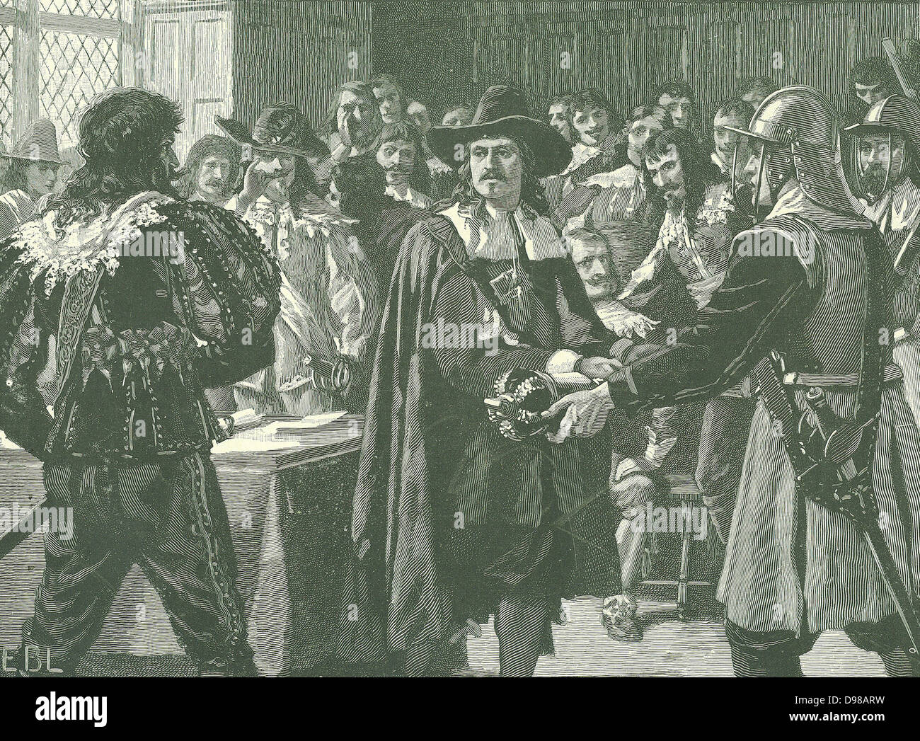 Oliver Cromwell (1599-1658) English statesman. Lord Protector (1653-1658). Cromwell dissolving the Long Parliament in 1653. The Long Parliament began in 1640. Engraving c1885. Stock Photo