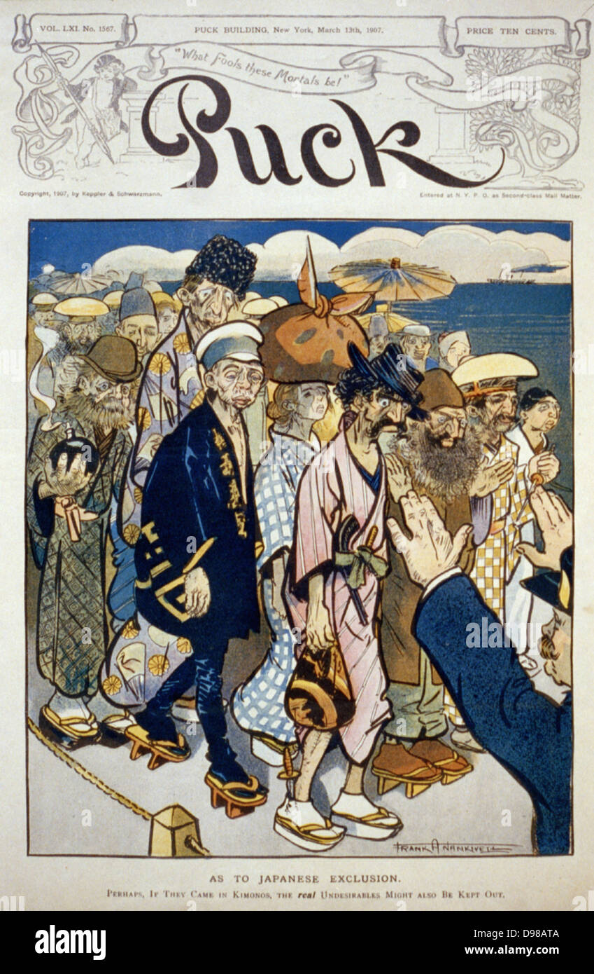 Anti-immigration caricature showing anarchists, Jews, Russians and Italians dressed in kimonos, being kept out of the United States. Stock Photo