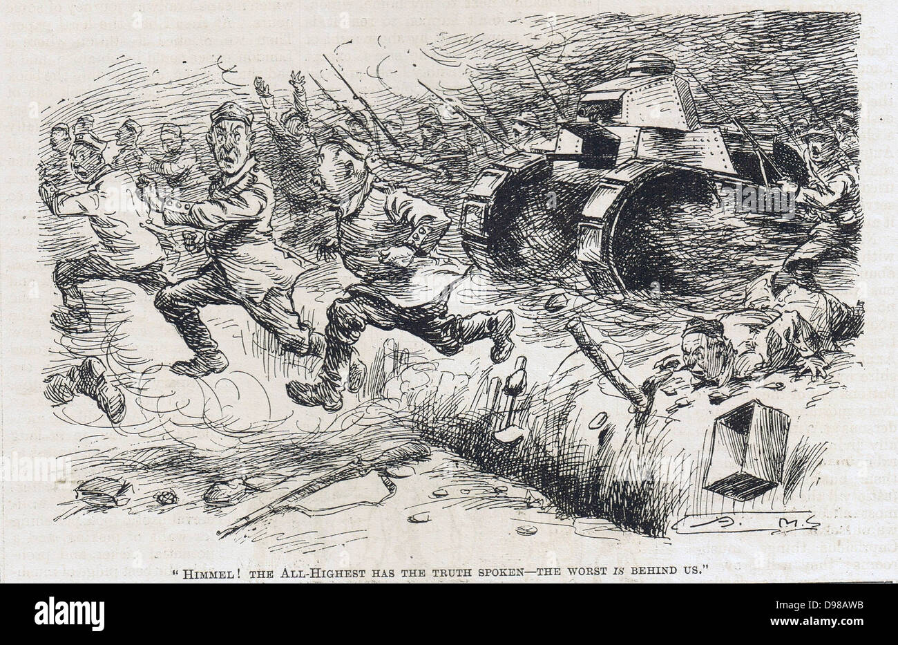 Himmel! The All-Highest has the truth spoken - the worst is behind us'. German infantry retreating in panic before Allied infantry supported by tanks. World War I cartoon from 'Punch', London, 21 August 1918. Stock Photo