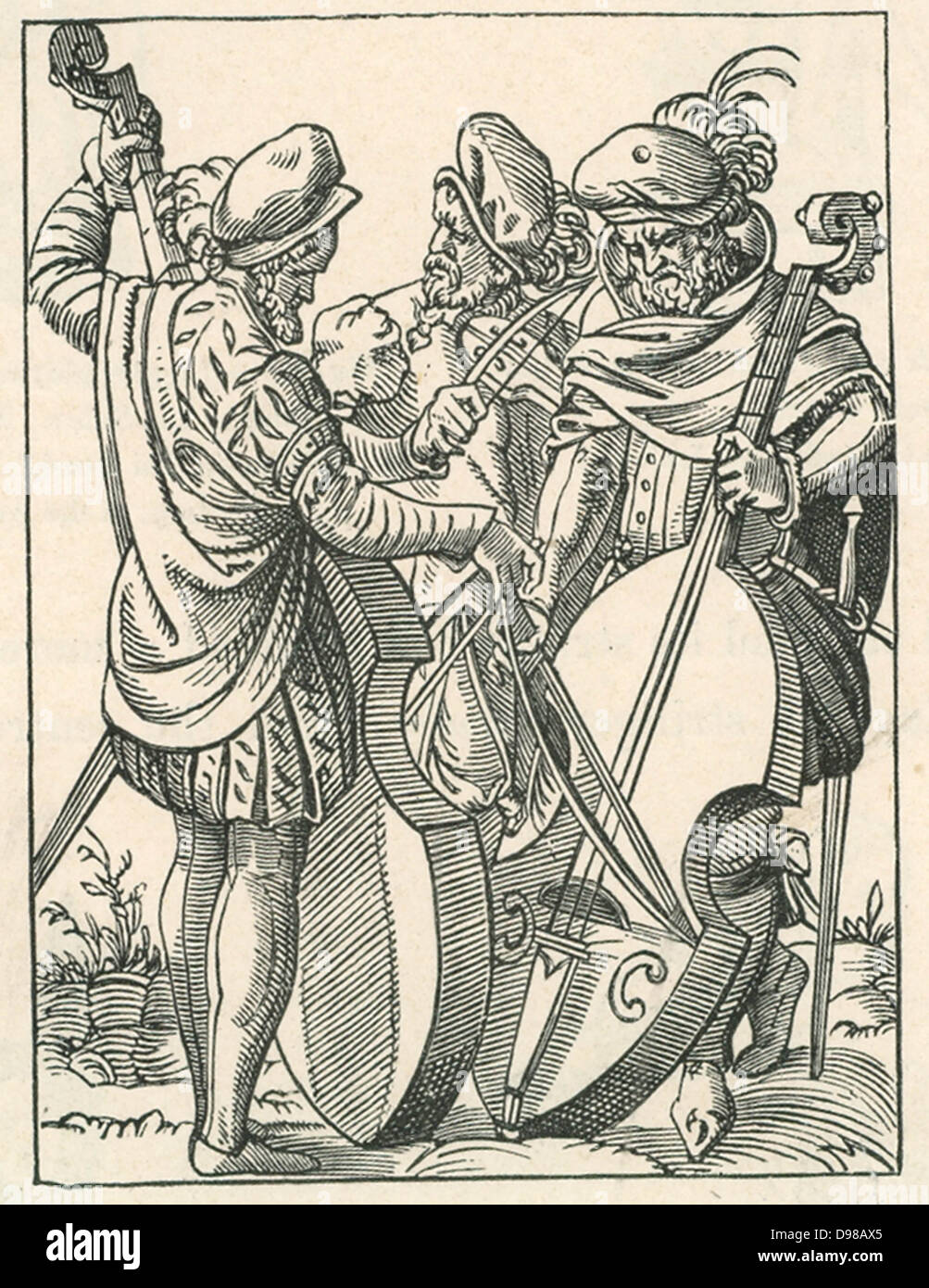 German musicians playing on stringed instruments of the violin family from a pocket violin, centre, to a bass viol. Woodcut by Jost Amman (1535-1591). Stock Photo