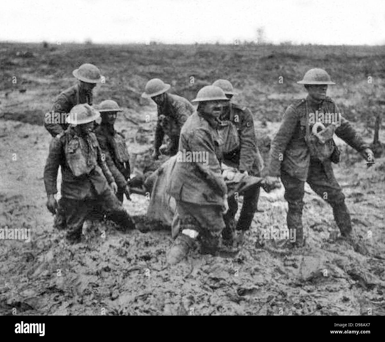 Stretcher bearers Passchendaele August 1917.  Stretcher bearers struggling through the mud near Boesinghe, August 1, 1917, during the Battle of Pilckem Ridge (part of the Third Battle of Ypres). Stock Photo