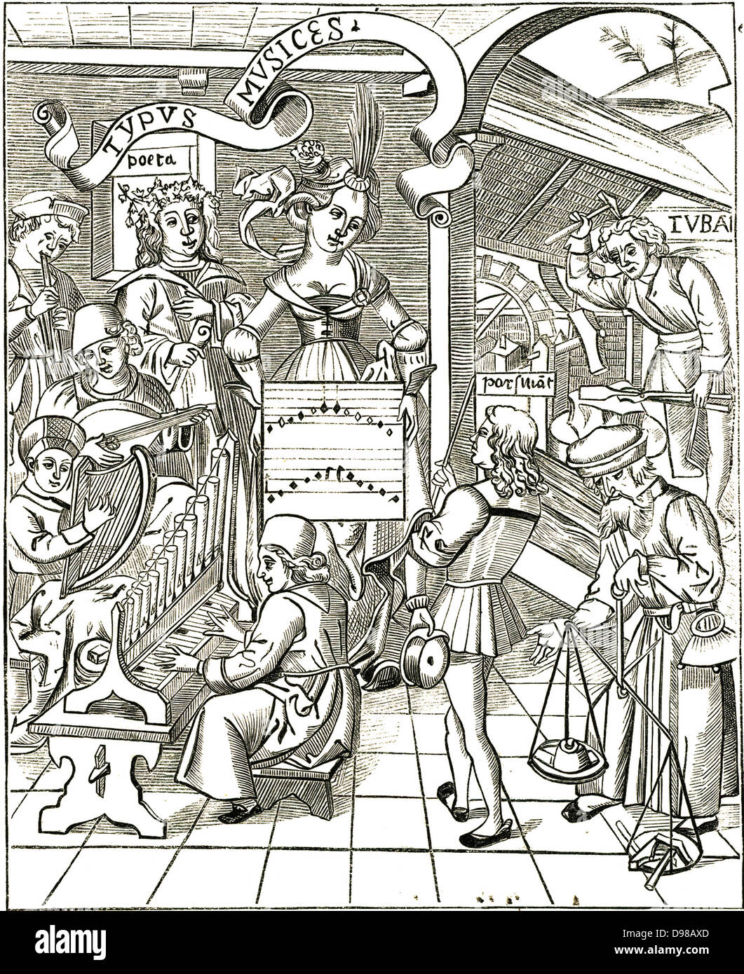The Personification of Music from Gregor Reisch 'Margarita Philosophica', Strassbourg, 1508. In left foreground man plays a portable organ, above him is a man playing a clarsach or Celtic harp, above him a lute like instrument is being played. Top left a boy plays the pipe. Stock Photo