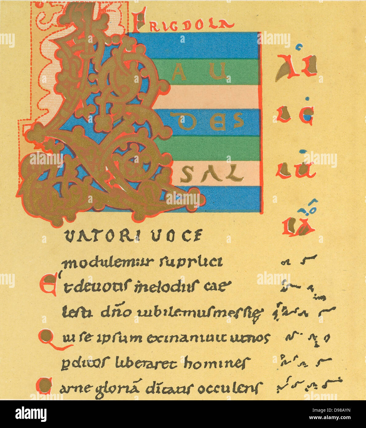 Musical notation. First page of Notker's Easter Sequence, 'Laudes Salvatori' showing Neums notation for Gregorian chant, a system of writing music which was superseded by Staff notation. Notker (c840-912) Benedictine monk, poet and musician at the Abbey of St Gall, Switzerland. 10th century manuscript. Stock Photo