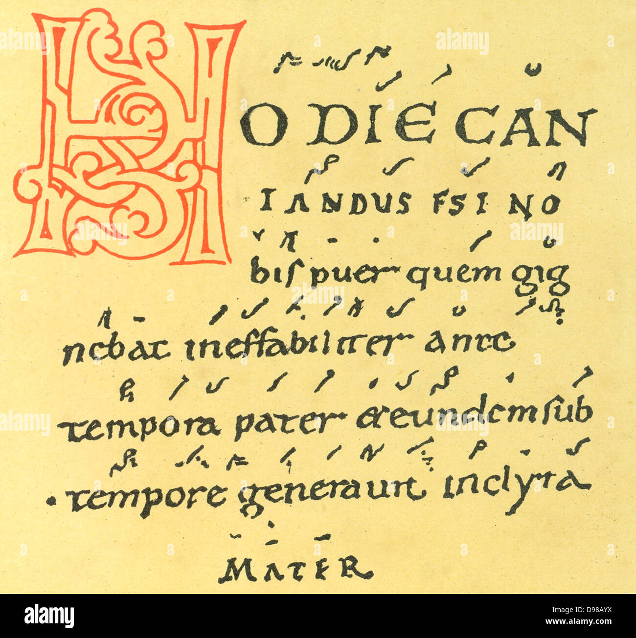 Musical notation. 10th century manuscript of Gregorian chant of Tutilo's Trope 'Hodie Cantandus', written in Neums notation which was superseded by Staff notation. Tutilo or Tuathal (d915) Irish Benedictine monk, musician and poet at the Abbey of St Gall, Switzerland. Stock Photo