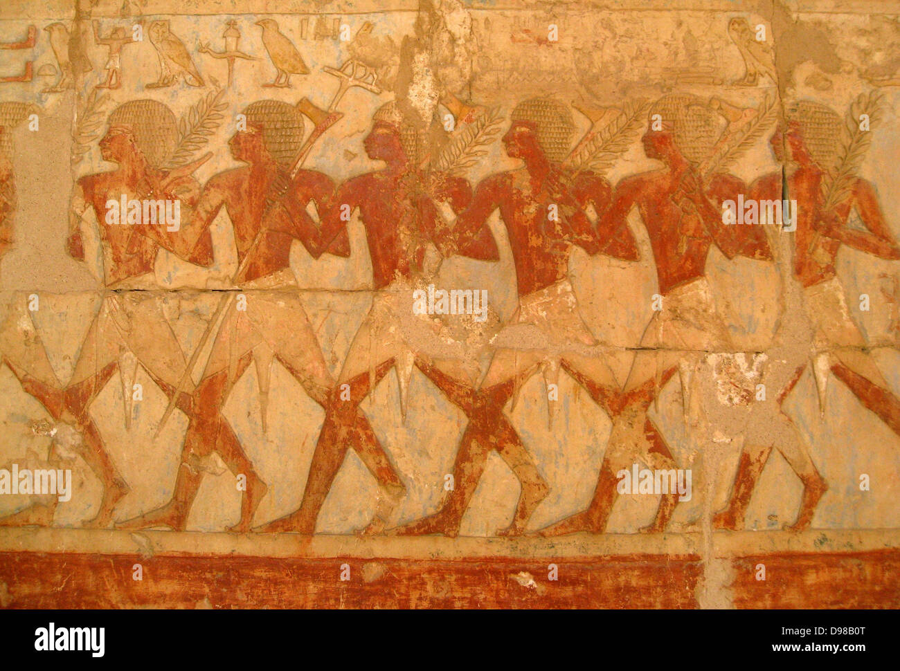 Relief showing members of Queen Hatshepsut's trading expedition to the mysterious 'Land of Punt' from this pharaoh's elegant mortuary temple at Deir El-Bahri. Hatshepsut, 18th Dynasty, reigned 1503-1482 BC. Stock Photo