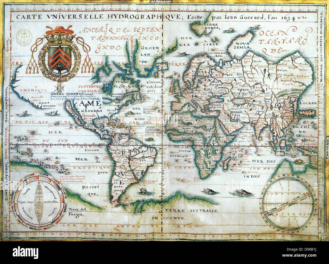 Nautical world map of 1634 by Jean Guerard. Australia is suggested but still unknown territory and , California is shown as an island. Stock Photo