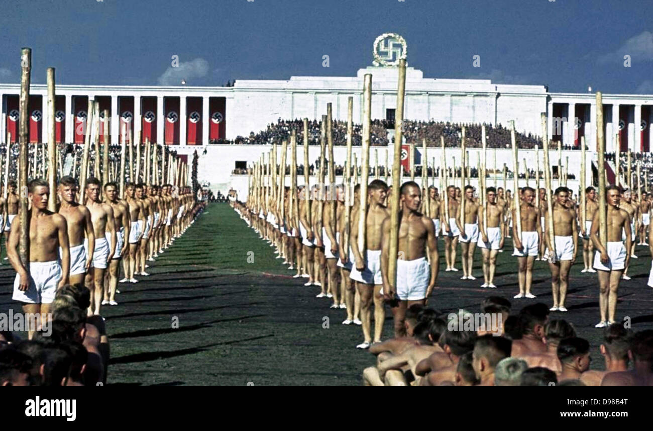 Nazi athletes parade at Nuremburg circa 1936 Stock Photo