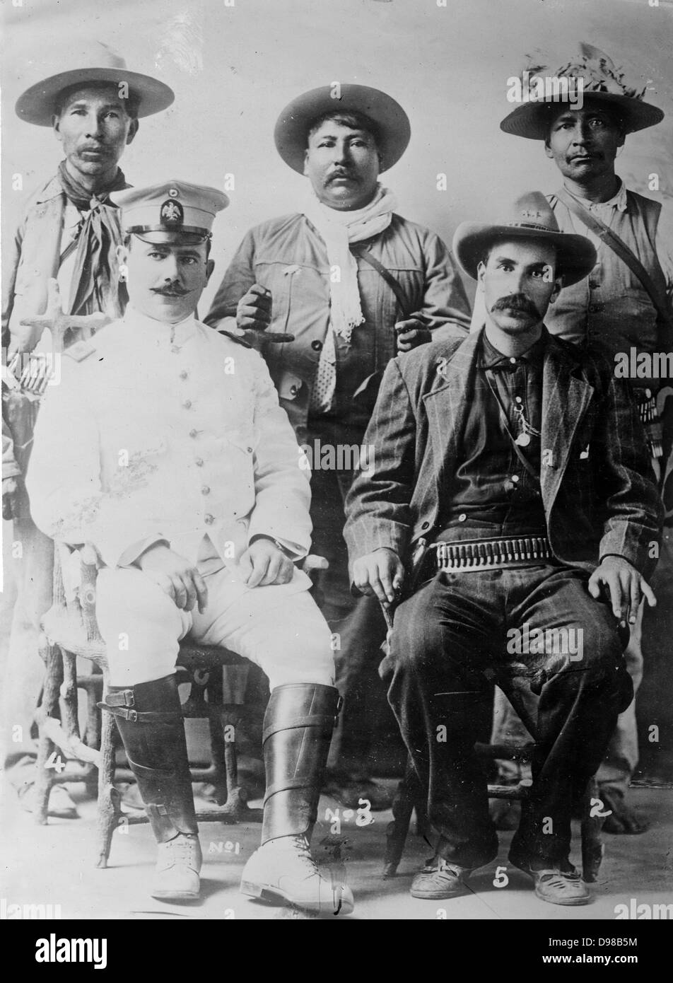Salvaro Obregon Salido (1880-1928) Mexican general and politician, President of Mexico 1920-1924. Obregon as Commander of the Constitutional Army of the Northwest with his staff of Yaqui troops c1913. Stock Photo