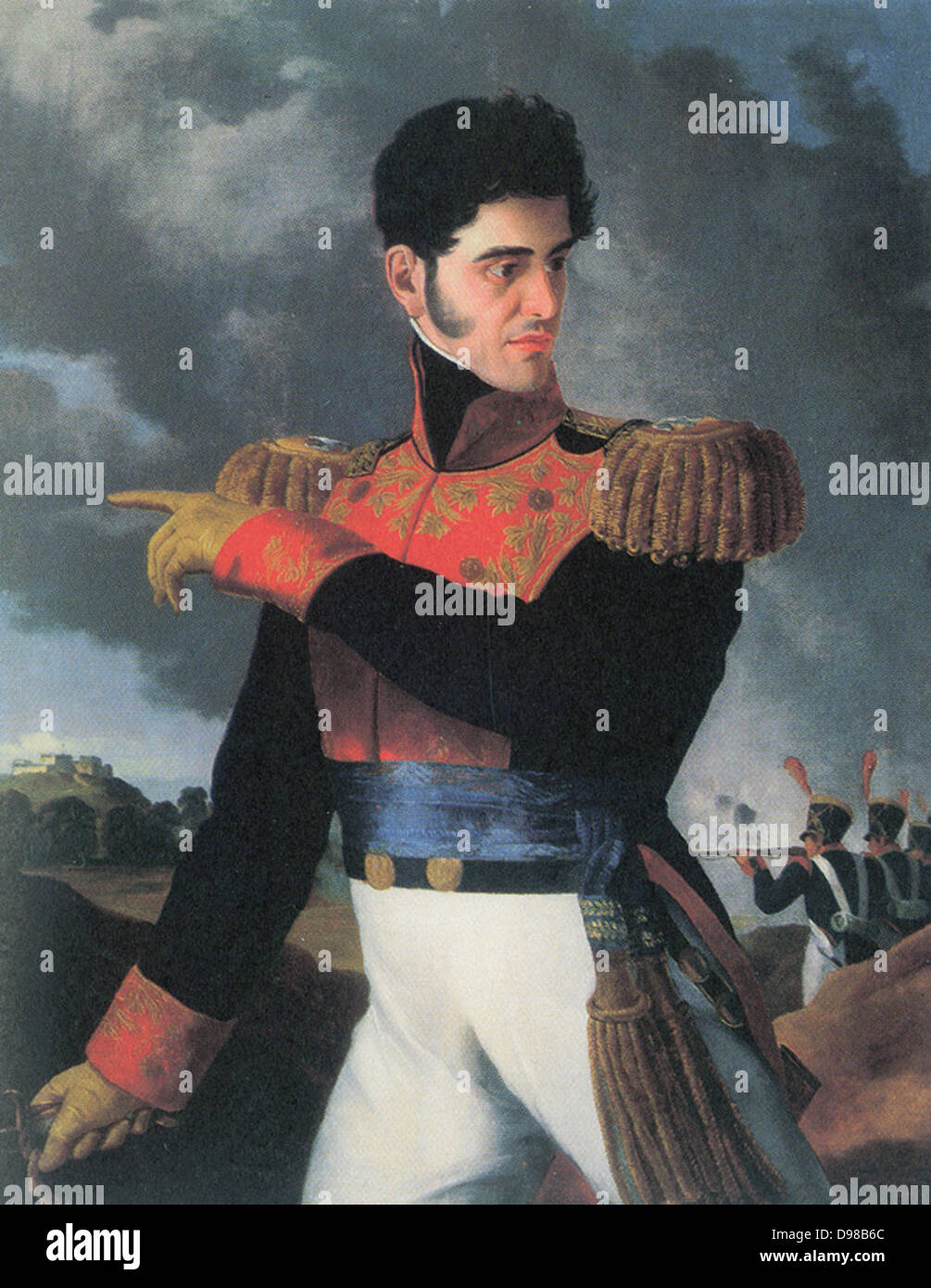 Antonio López de Santa Anna (1794-1876) Mexican soldier and political leader. In 1822 he declared his loyalty to Augustin de Iturbide and the Republican movement. President of Mexico seven non-consecutive times in 22 years beginning in 1833. Painting of Santa Anna in military uniform with battle in background. Stock Photo
