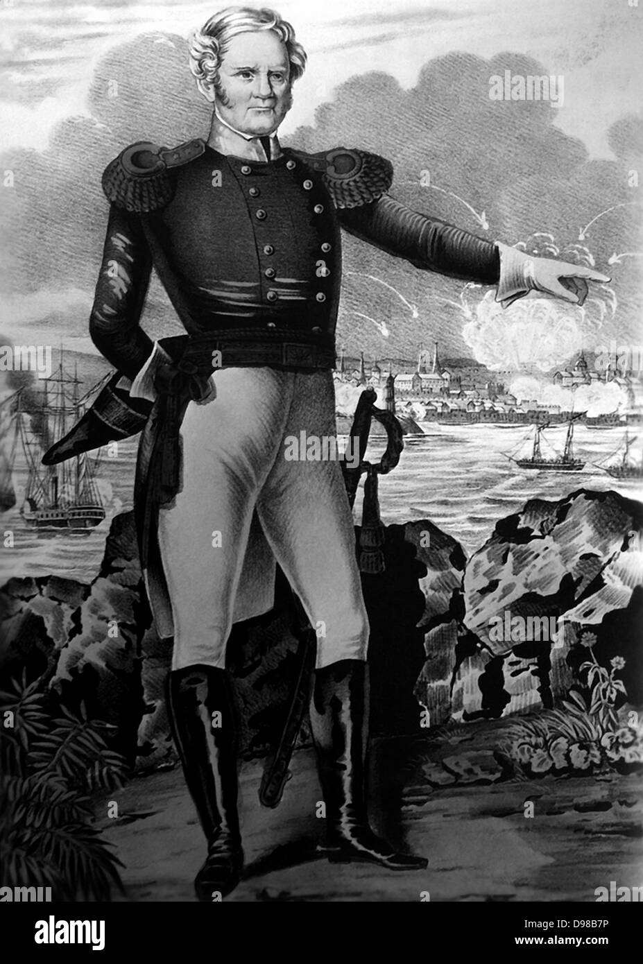 Major-General Winfield Scott (1786-1866) American soldier. During the Mexican-American War 1846-1848 Scott commanded the southern of America's two armies. Scott pictured at the Battle of Veracruz, 20 day siege of the city 9-29 March 1847, pointing to the warships in the harbour. American forces took the city and marched on to Mexico City. Thius was the first large-scale amphibious assault by the nited States forces. Lithograph. Stock Photo